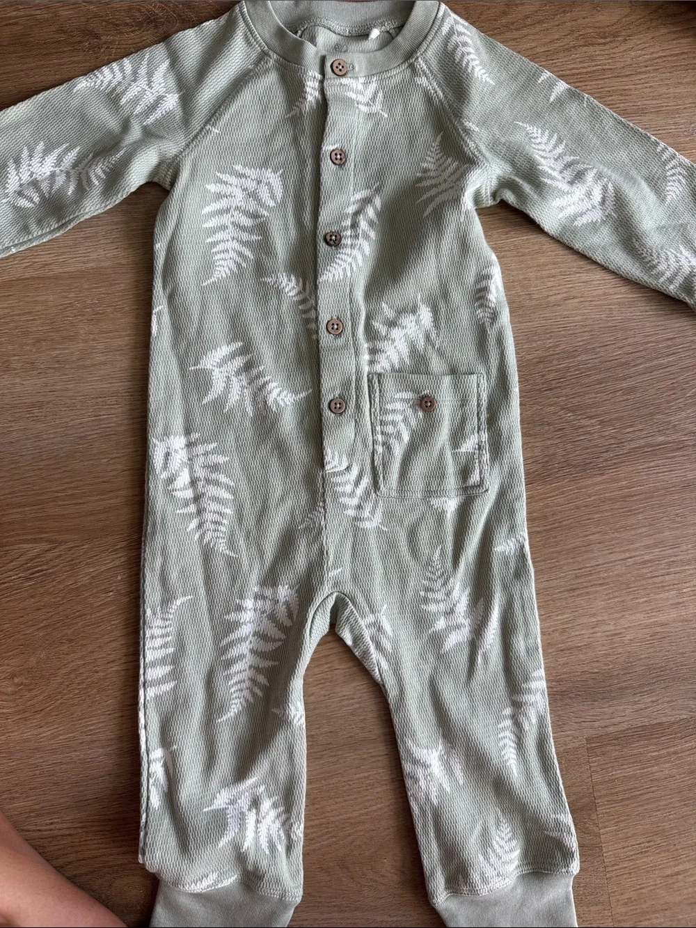 Button-Front Sage Green Fern Print Footed One-Piece